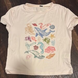 Cream Graphic Tee with Sea Life Design